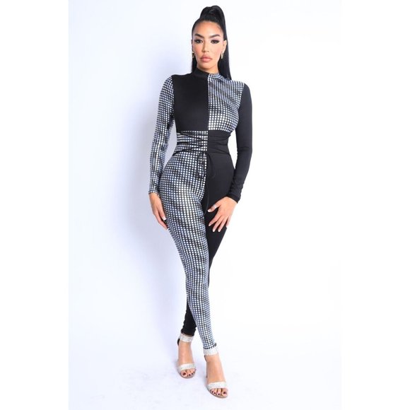 Women's Mosaic Colorblock Tie Detailed Jumpsuit Party Club Lounge Jumpsuit - Picture 6 of 13